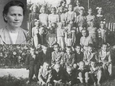 Społeczność szkolna w Bierówce w 1956 r. oraz Maria Konieczna - wieloletnia kierowniczka szkoły