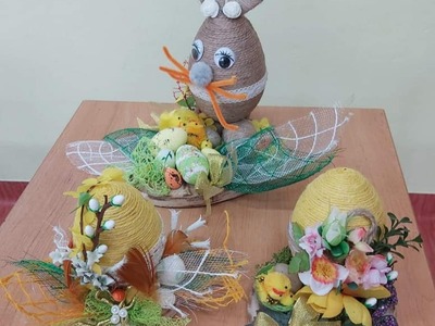 Jajka i zajaczki wielkanocne, prace wykonane sznurkiem konopnym - świetlica Warzyce